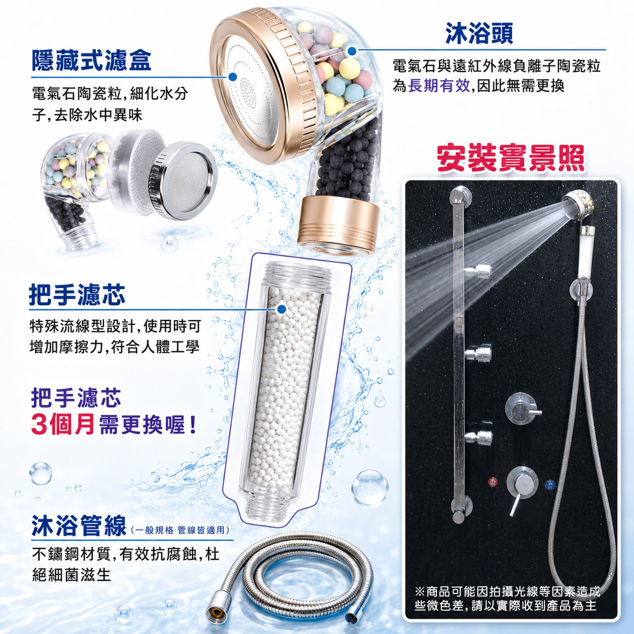 負離子除氯沐浴器隱藏式濾盒把手濾芯與不鏽鋼沐浴管線