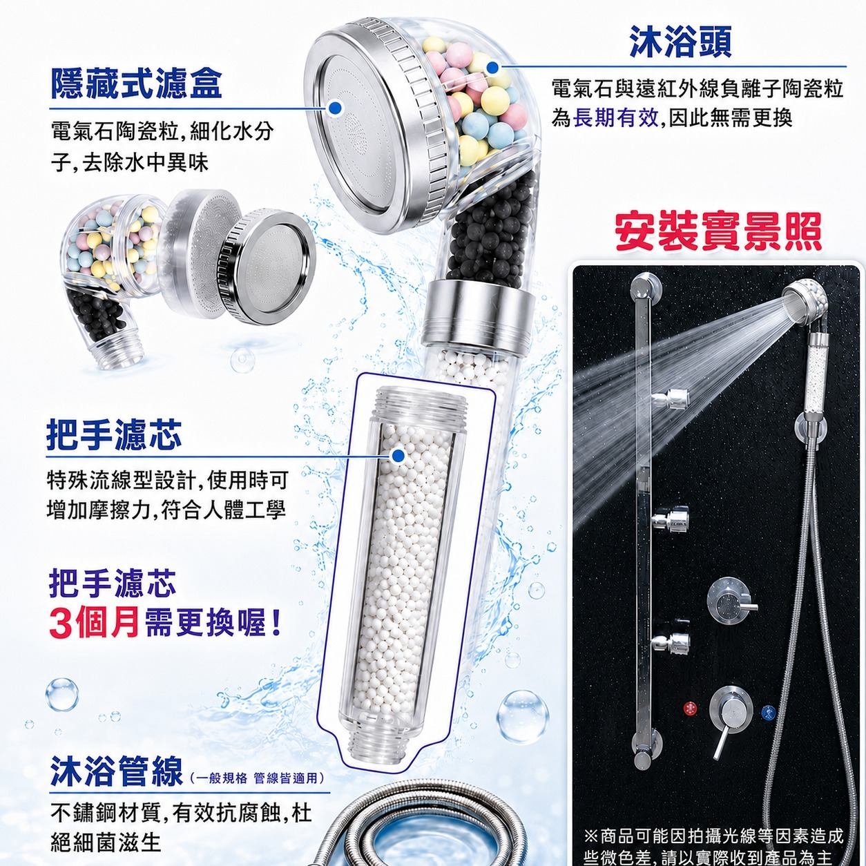 負離子除氯沐浴器科技銀隱藏式濾盒把手濾芯與不鏽鋼沐浴管線